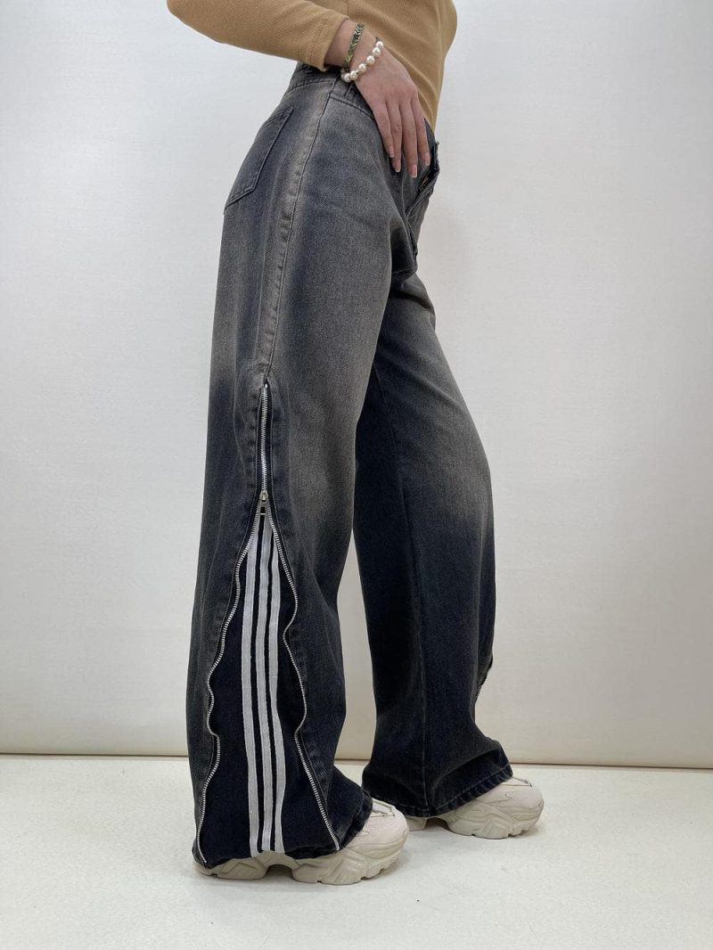 شلوار جین زنانه بگ بغل آدیداس زغالی