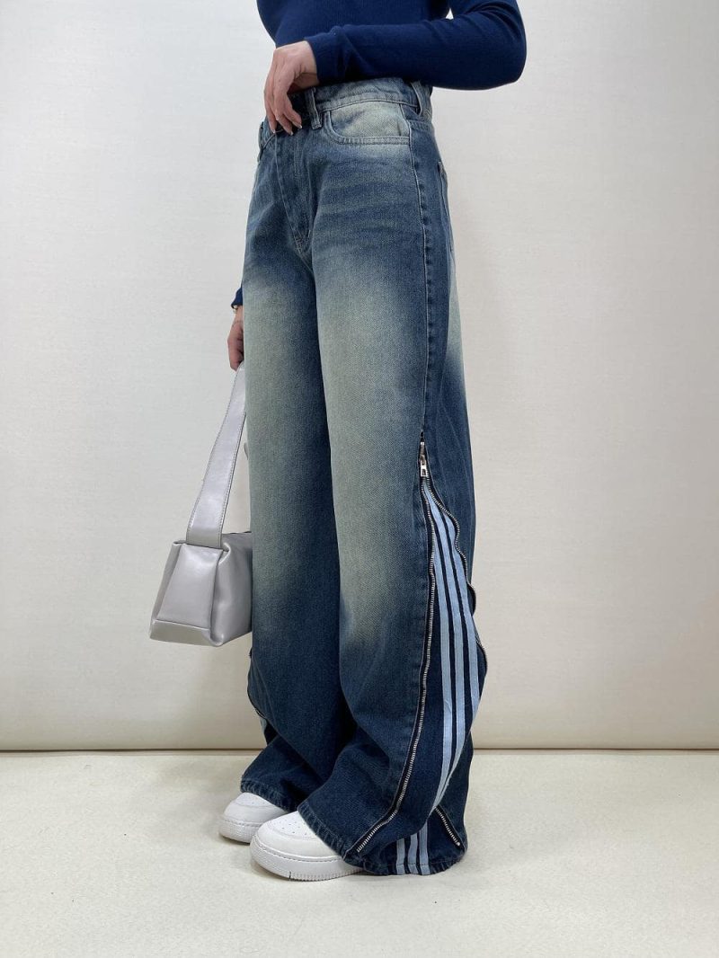 شلوار جین زنانه بگ بغل آدیداس آبی