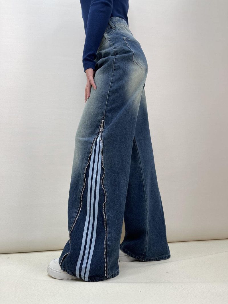 شلوار جین زنانه بگ بغل آدیداس آبی