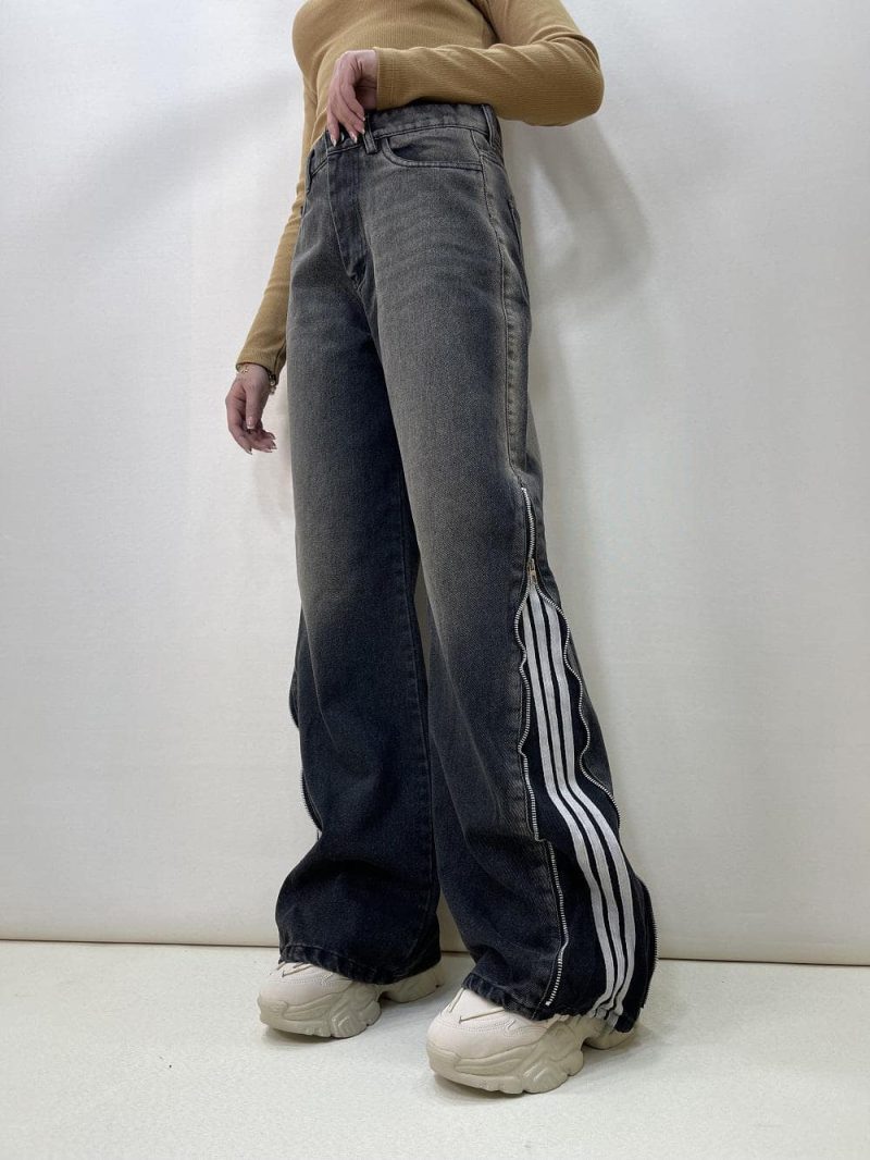 شلوار جین زنانه بگ بغل آدیداس زغالی