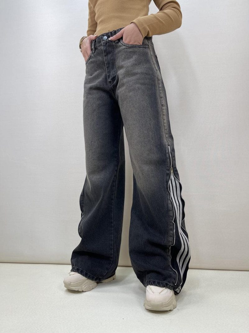 شلوار جین زنانه بگ بغل آدیداس زغالی