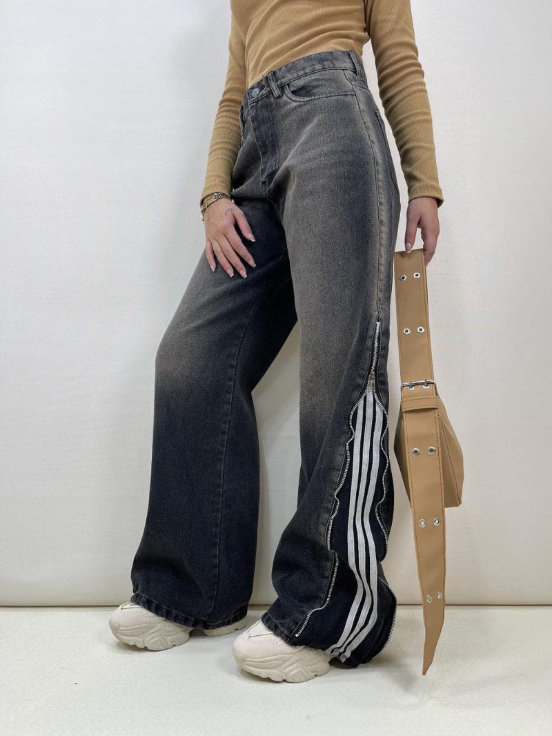 شلوار جین زنانه بگ بغل آدیداس زغالی