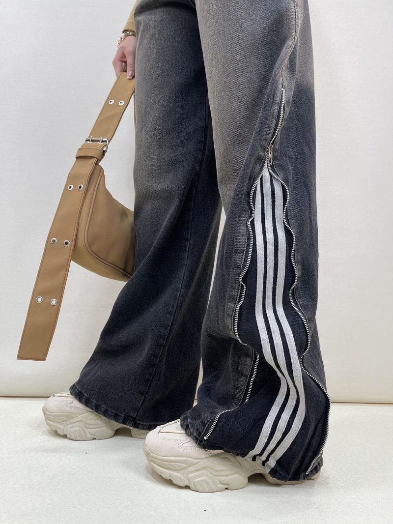 شلوار جین زنانه بگ بغل آدیداس زغالی