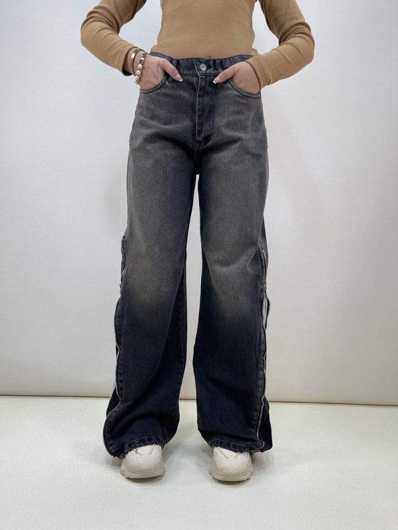 شلوار جین زنانه بگ بغل آدیداس زغالی