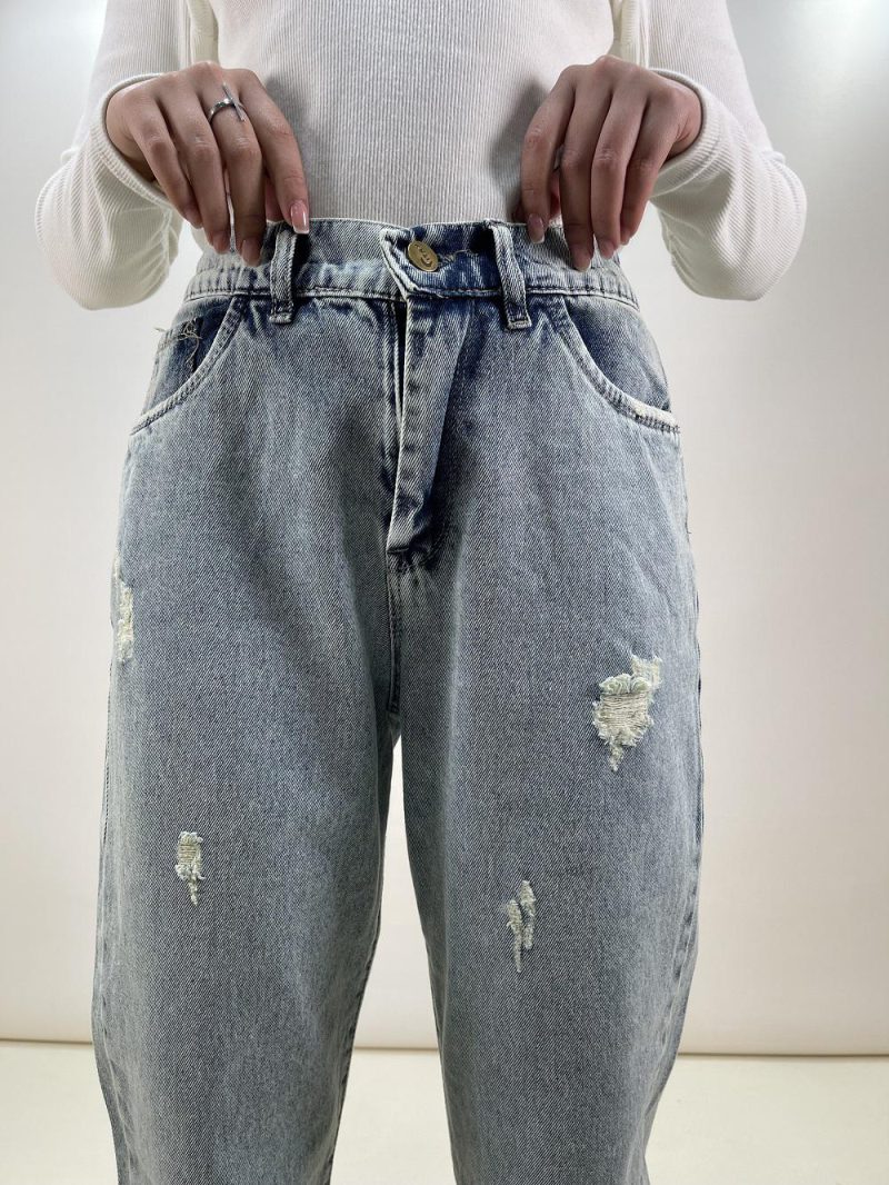 شلوار جین زنانه مام فیت رنگ لیمویی