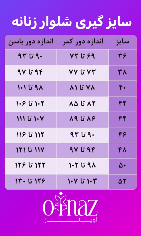 جدول راهنمای انتخاب سایز شلوار جین زنانه