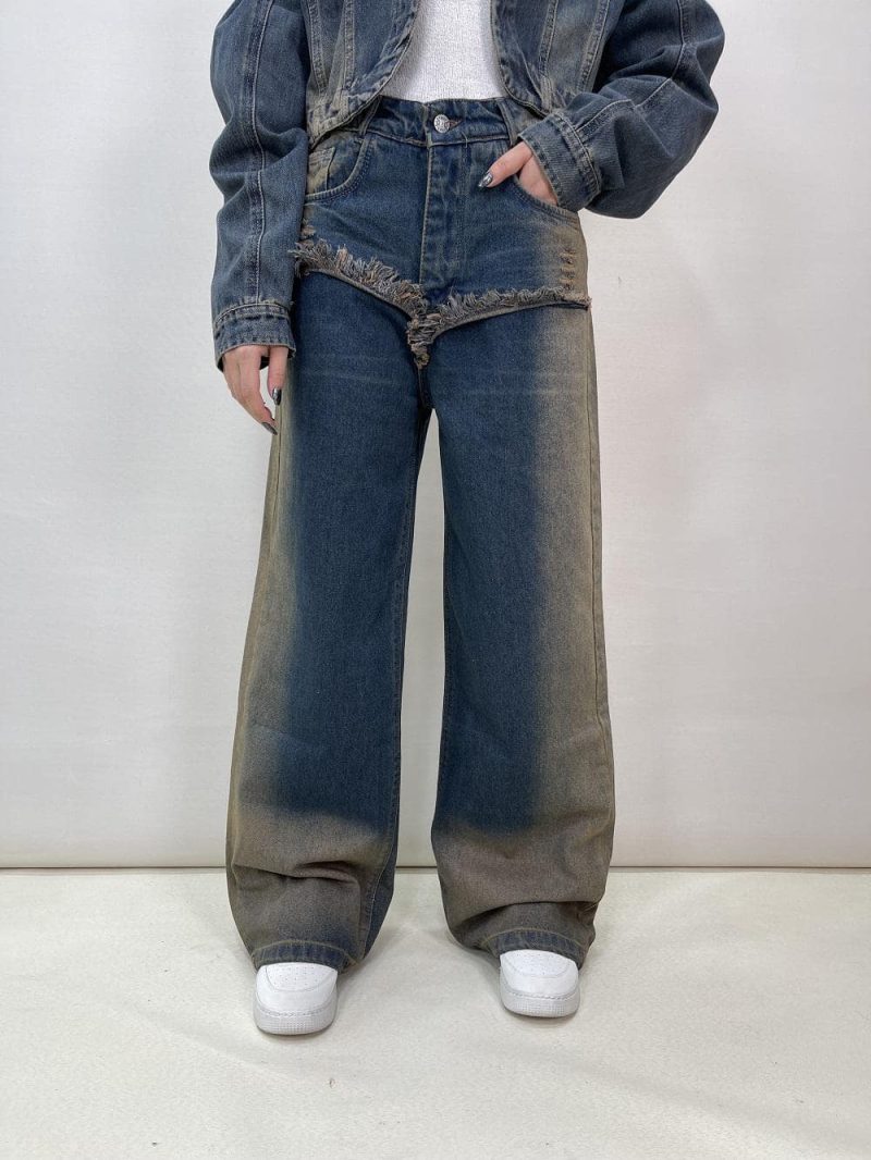 شلوار جین زنانه بگ آبی تینت کرم