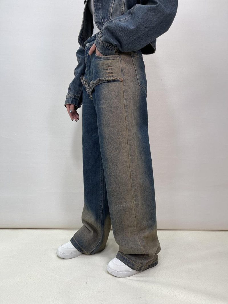 شلوار جین زنانه بگ آبی تینت کرم