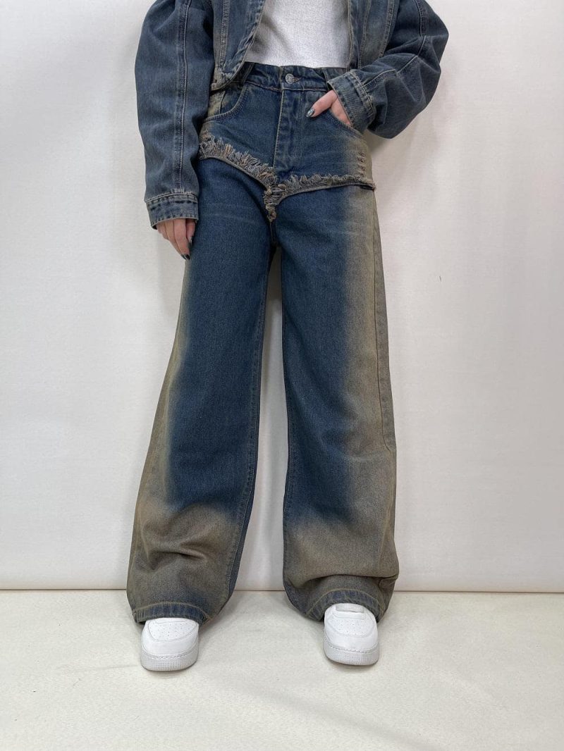 شلوار جین زنانه بگ آبی تینت کرم