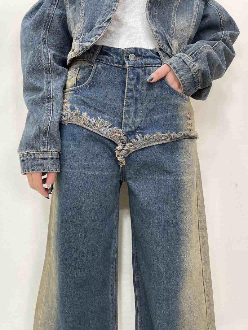 شلوار جین زنانه بگ آبی تینت کرم