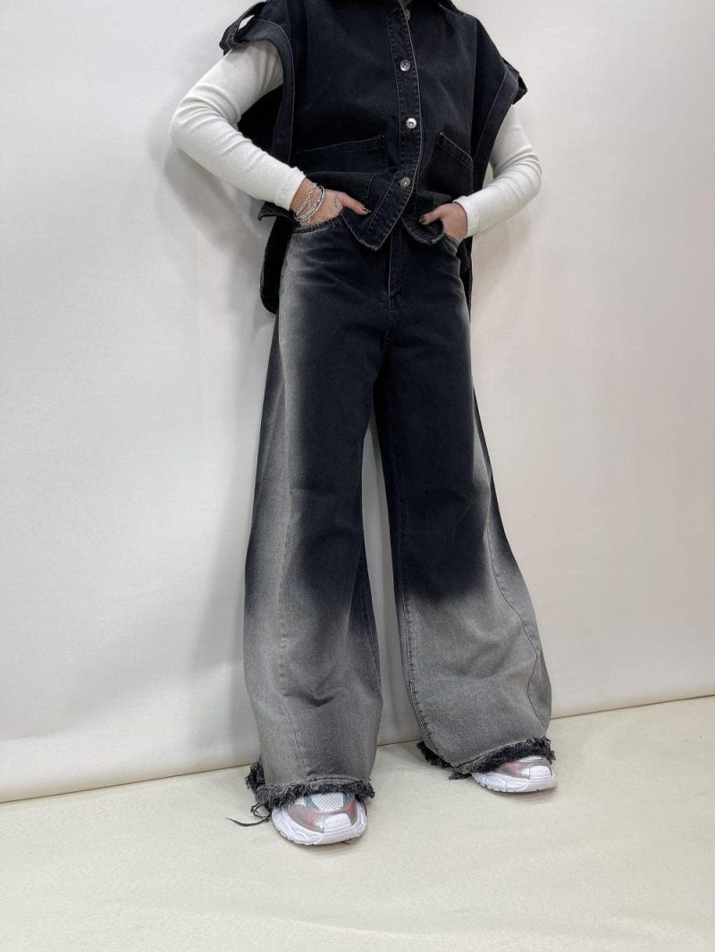 شلوار جین زنانه فول بگ شافل زغالی