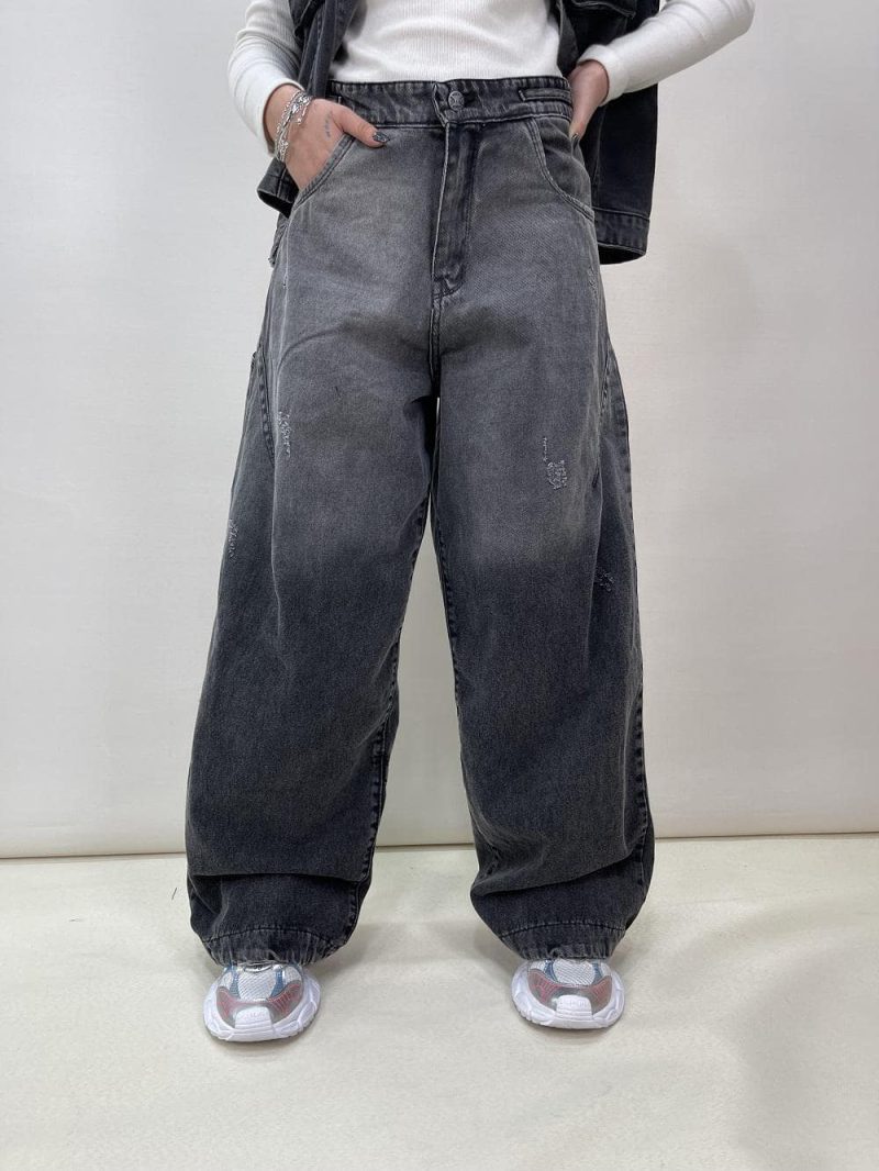 شلوار جین زنانه فول بگ زغالی طوسی