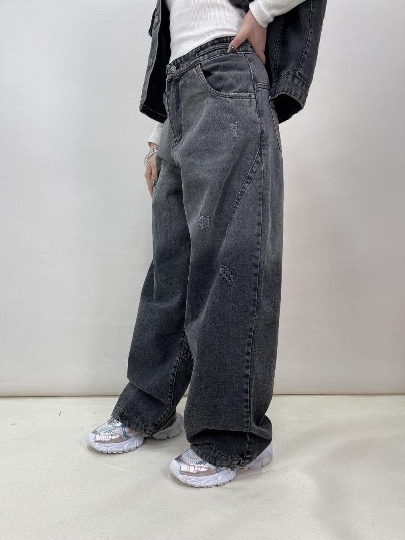 شلوار جین زنانه فول بگ زغالی طوسی