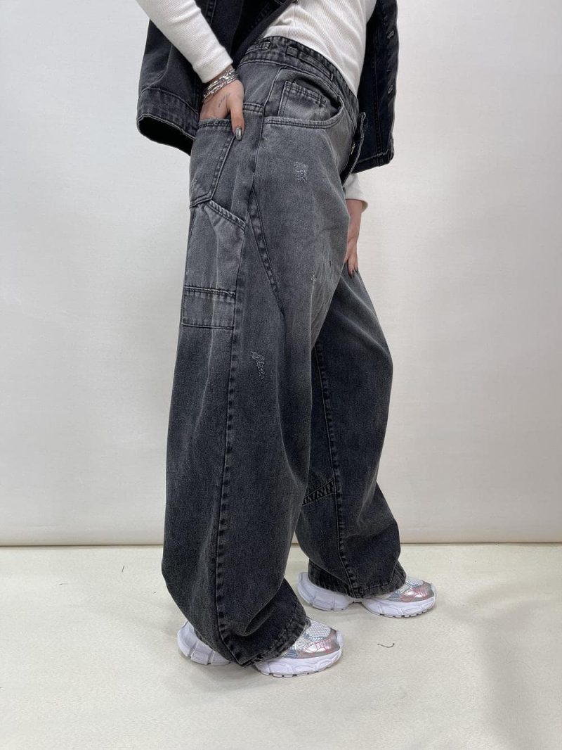 شلوار جین زنانه فول بگ زغالی طوسی