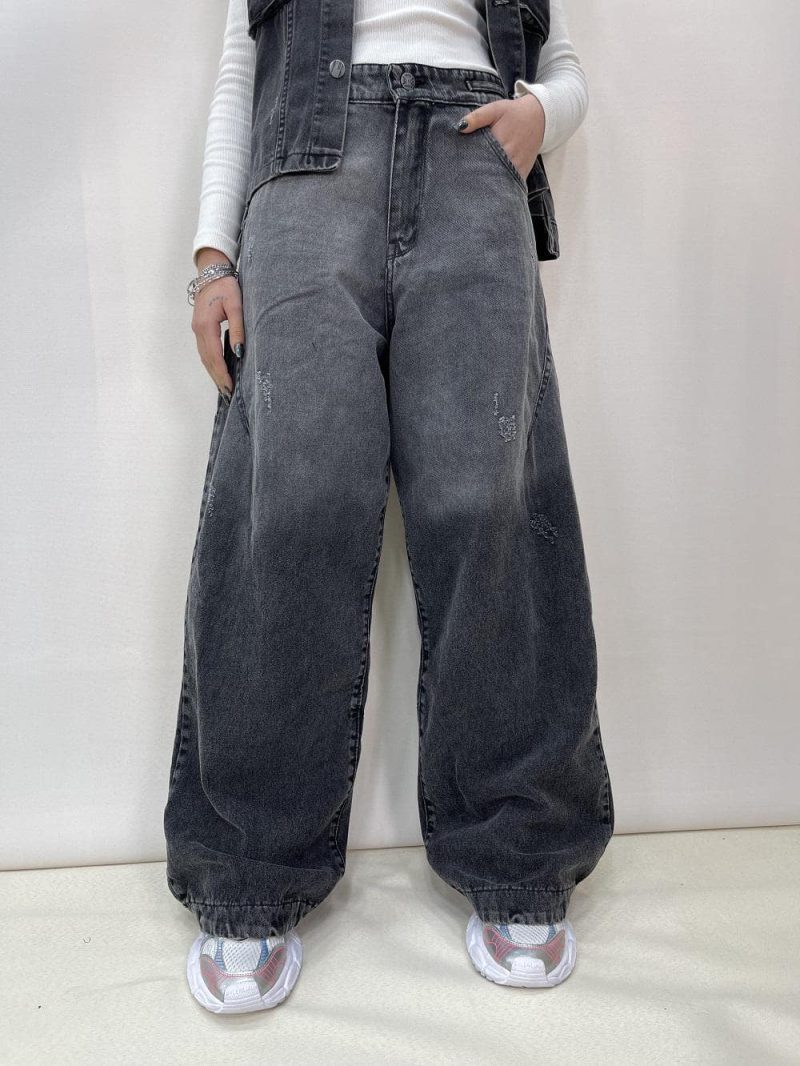 شلوار جین زنانه فول بگ زغالی طوسی