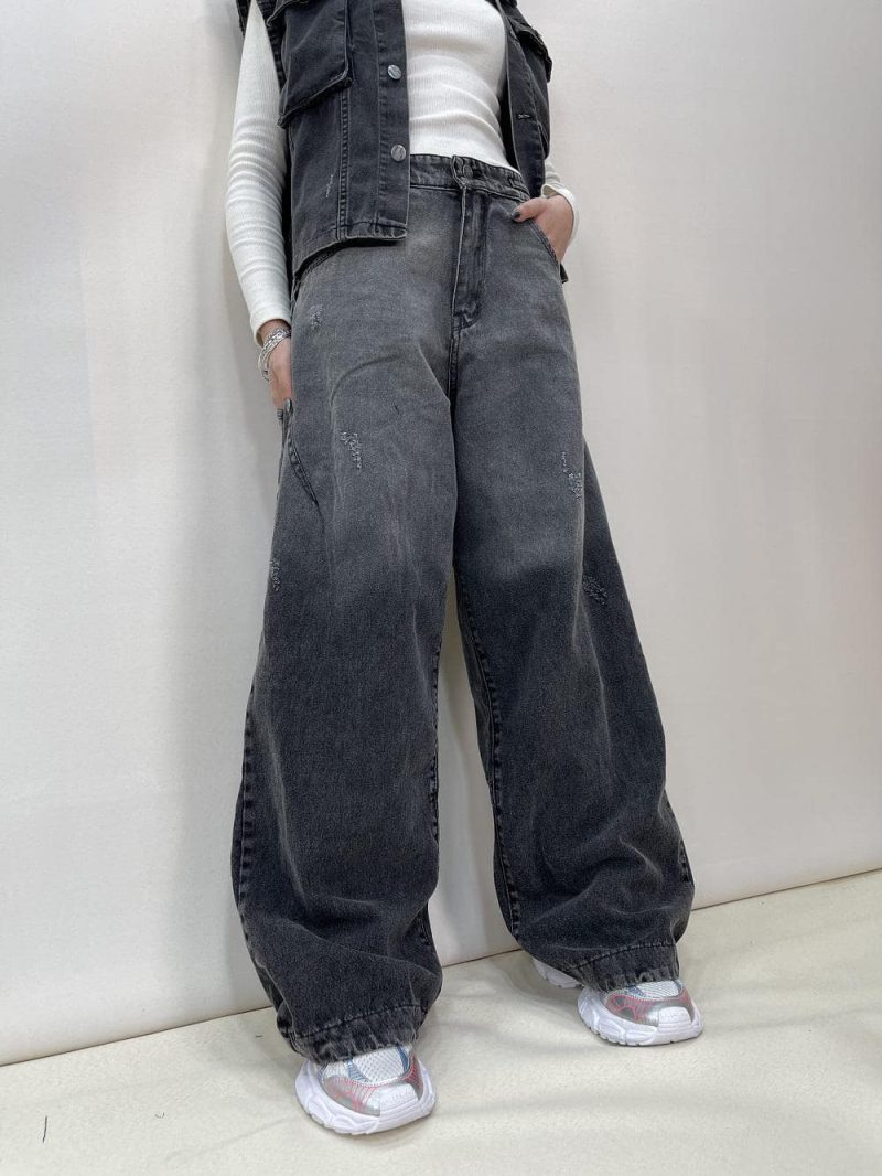 شلوار جین زنانه فول بگ زغالی طوسی