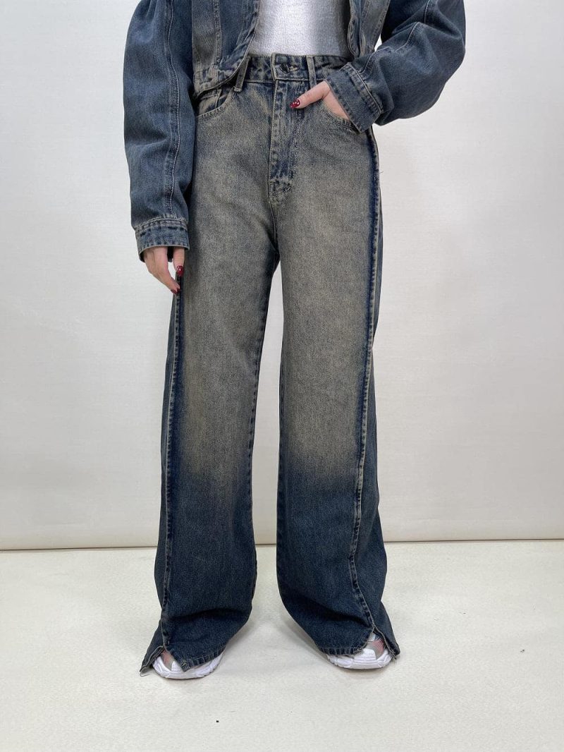 شلوار جین زنانه فول بگ دمپا چاکدار تینت