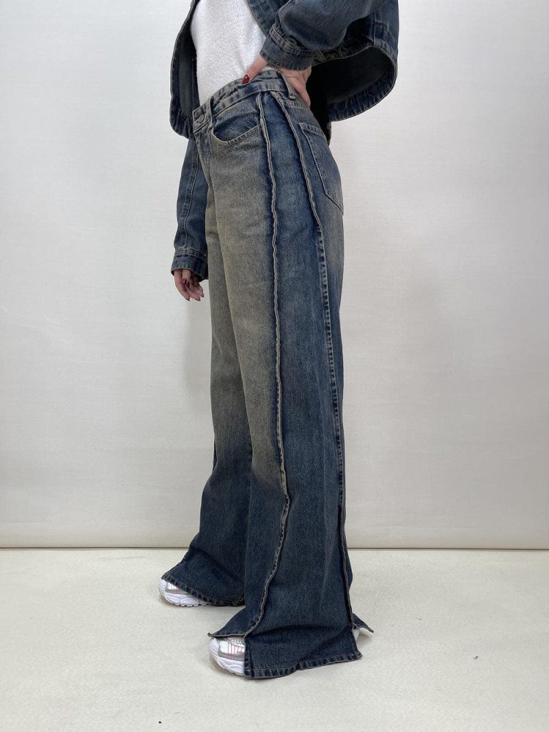 شلوار جین زنانه فول بگ دمپا چاکدار تینت