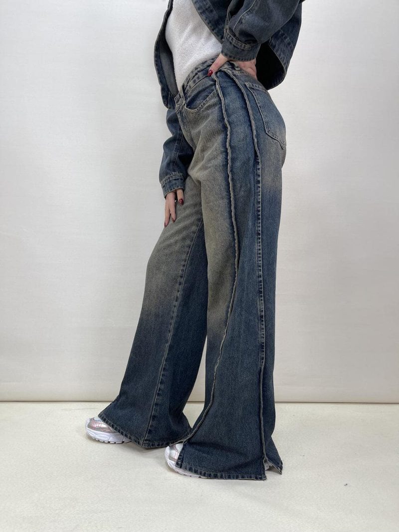 شلوار جین زنانه فول بگ دمپا چاکدار تینت