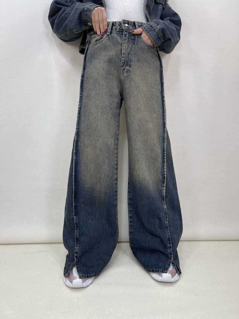 شلوار جین زنانه فول بگ دمپا چاکدار تینت