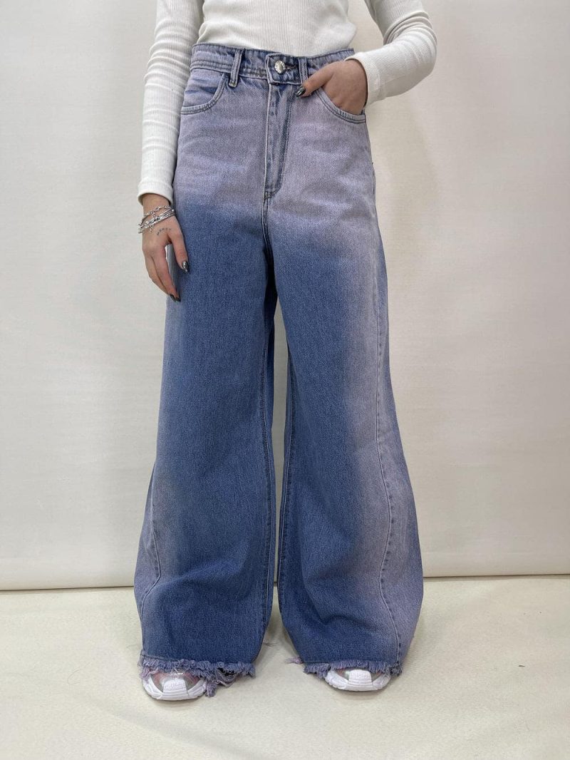 شلوار جین زنانه فول بگ شافل آبی صورتی