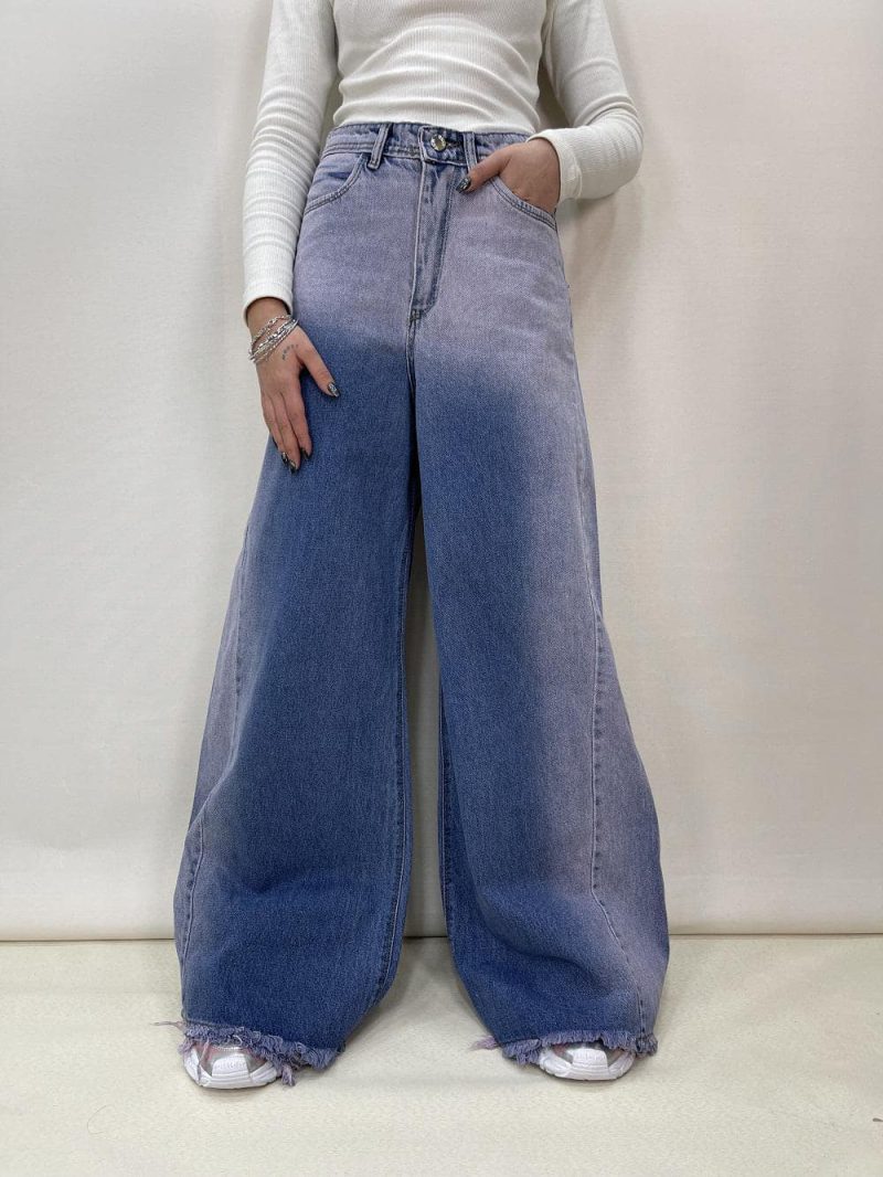 شلوار جین زنانه فول بگ شافل آبی صورتی