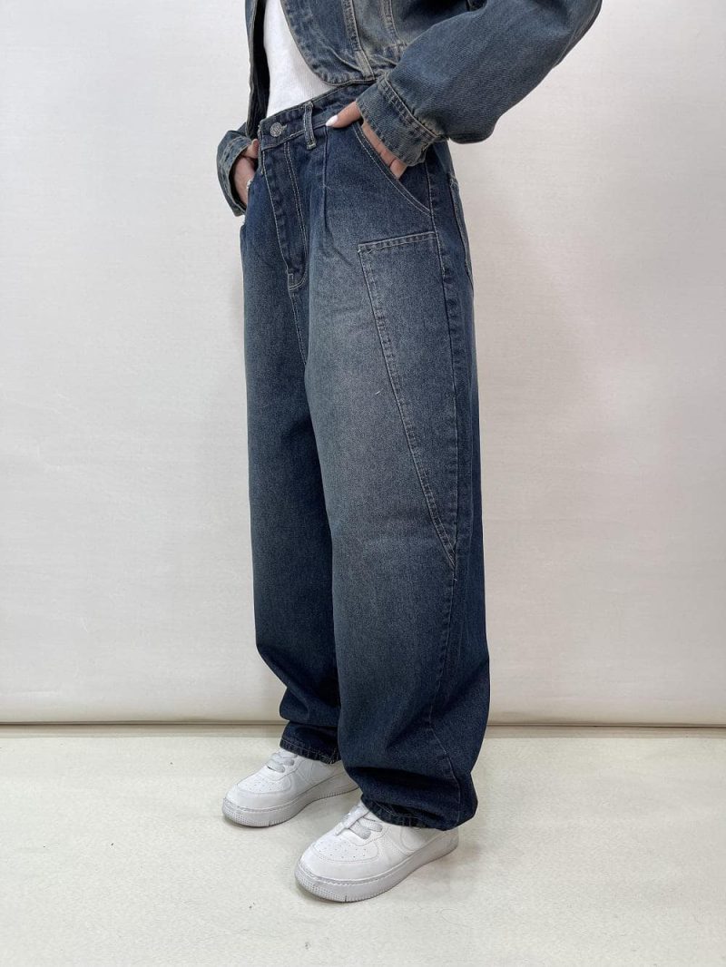 شلوار جین زنانه بالونی سرمه ای کثیف شور