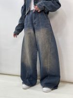 شلوار جین زنانه فول بگ طرحدار آبی