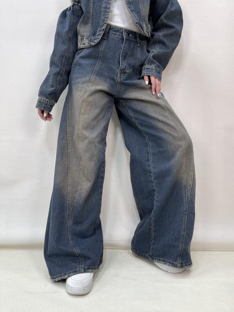 شلوار جین زنانه فول بگ طرحدار آبی