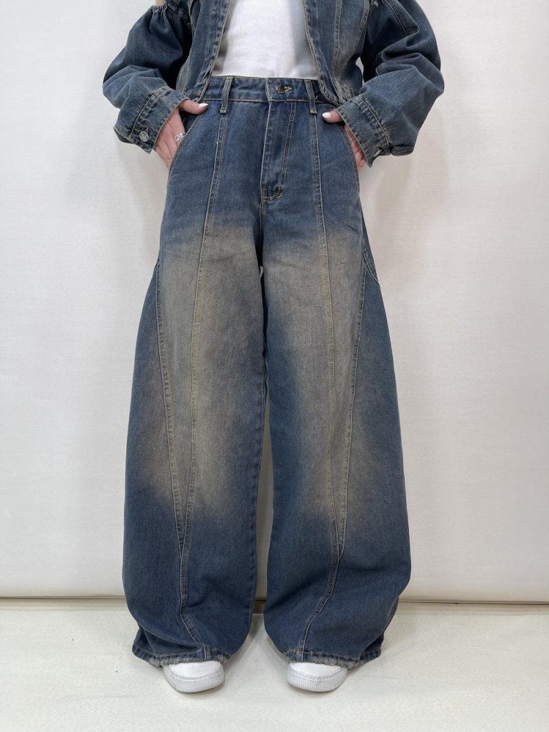 شلوار جین زنانه فول بگ طرحدار آبی