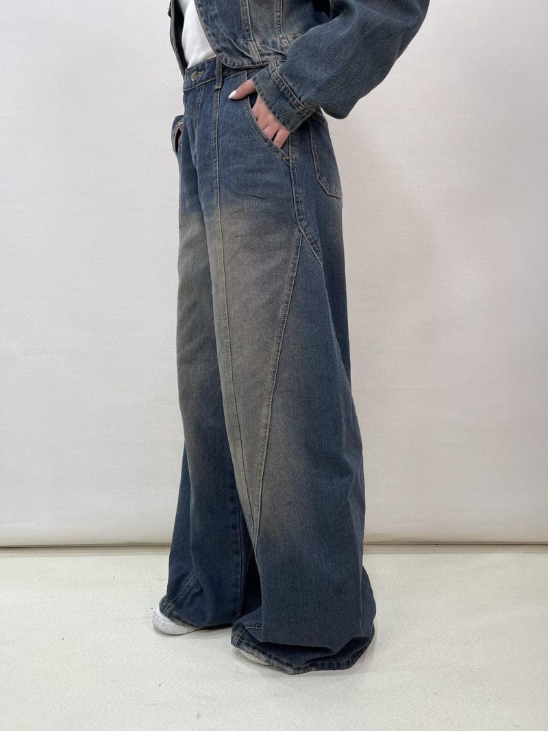 شلوار جین زنانه فول بگ طرحدار آبی