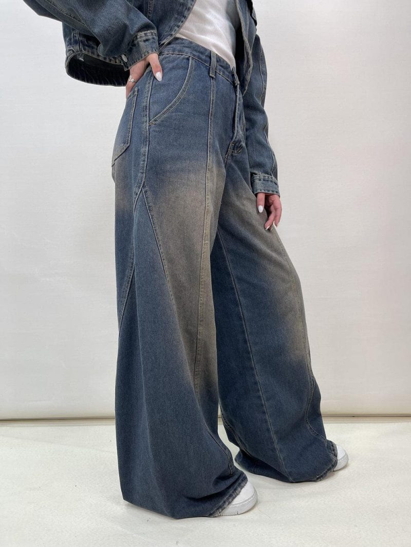 شلوار جین زنانه فول بگ طرحدار آبی