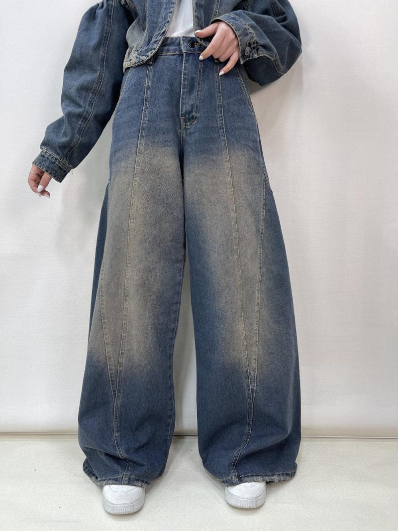 شلوار جین زنانه فول بگ طرحدار آبی