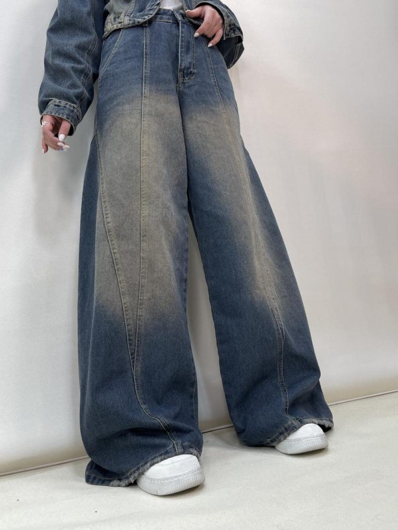 شلوار جین زنانه فول بگ طرحدار آبی