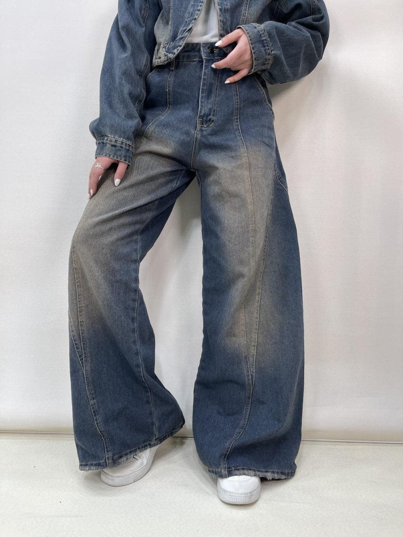 شلوار جین زنانه فول بگ طرحدار آبی