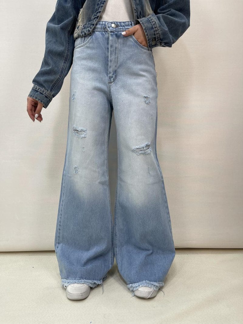 شلوار جین زنانه فول بگ شافل آبی روشن