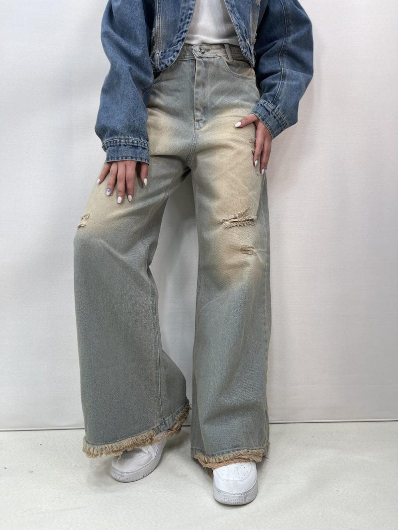 شلوار جین زنانه فول بگ شافل لیمویی