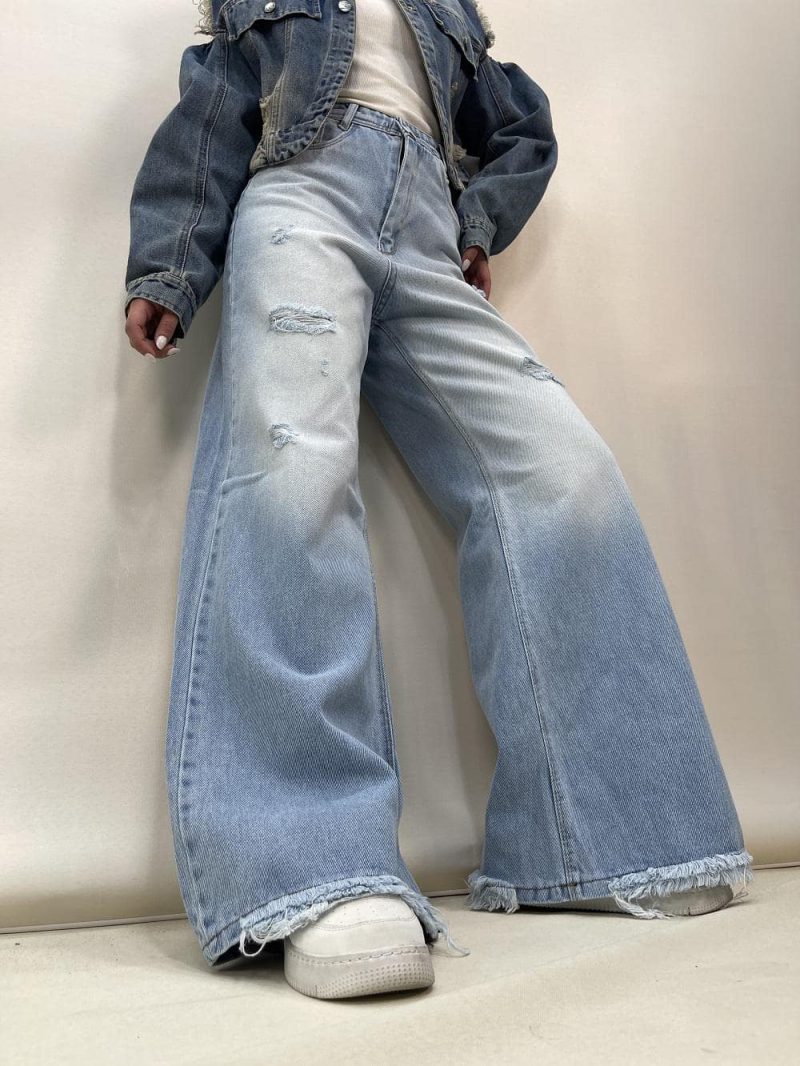 شلوار جین زنانه فول بگ شافل آبی روشن