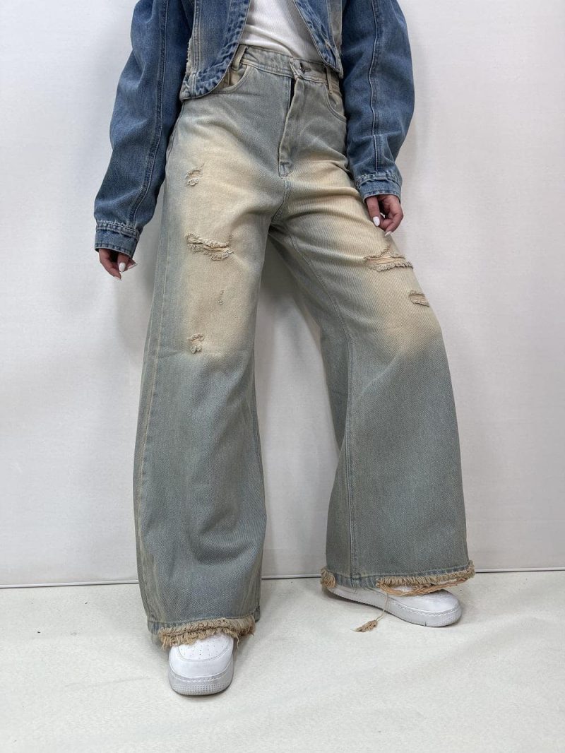 شلوار جین زنانه فول بگ شافل لیمویی