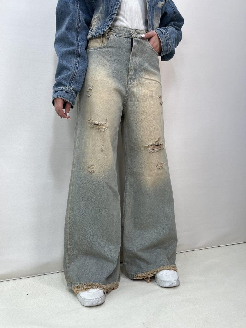 شلوار جین زنانه فول بگ شافل لیمویی