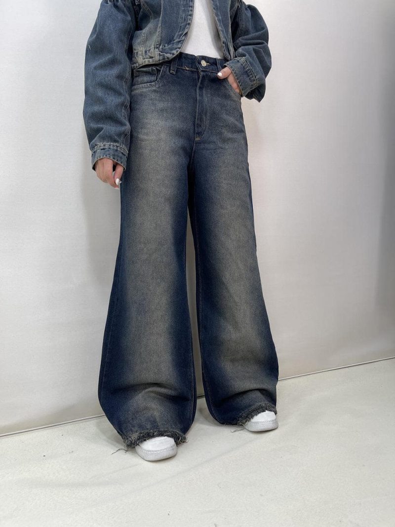 شلوار جین زنانه فول بگ شافل سرمه ای