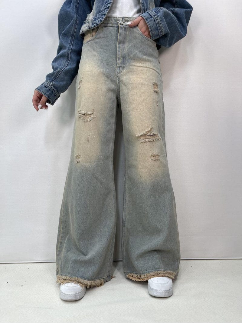 شلوار جین زنانه فول بگ شافل لیمویی