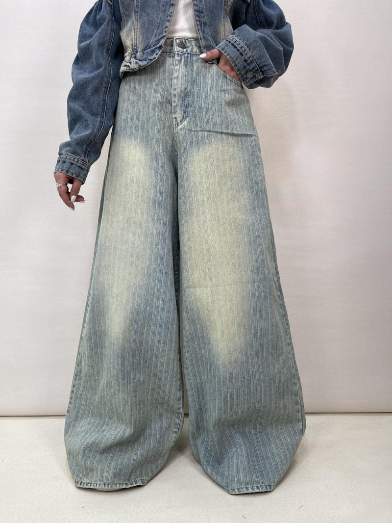 شلوار جین زنانه سوپر بگ آبی طرحدار