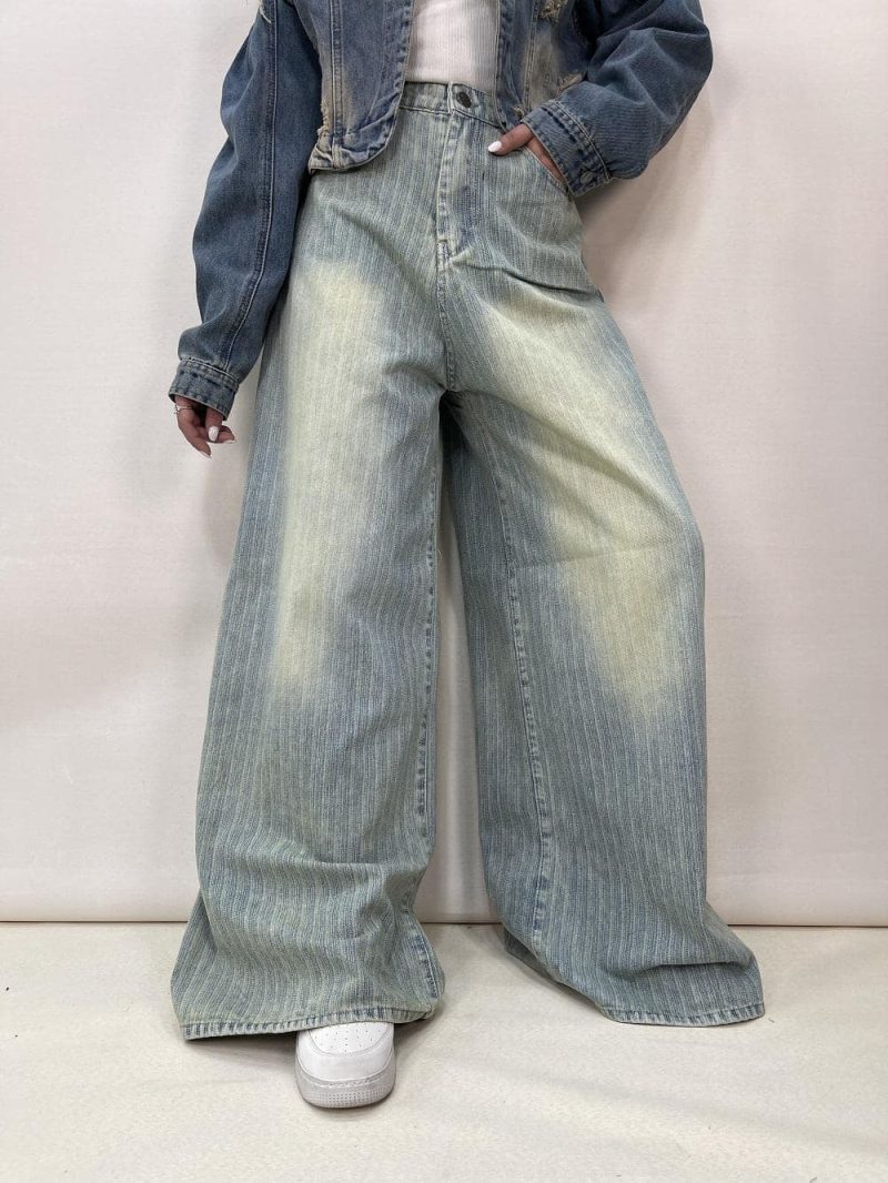 شلوار جین زنانه سوپر بگ آبی طرحدار