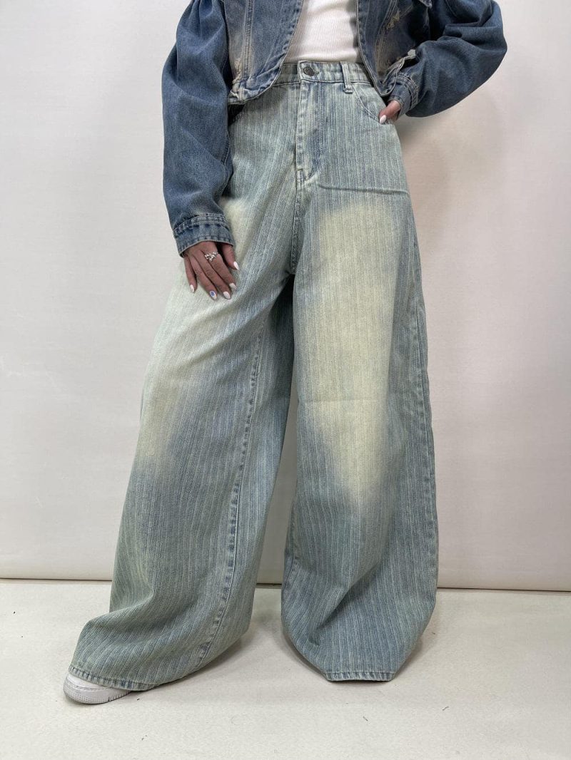 شلوار جین زنانه سوپر بگ آبی طرحدار