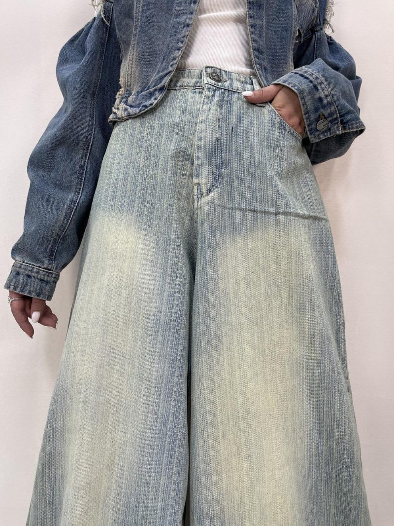 شلوار جین زنانه سوپر بگ آبی طرحدار