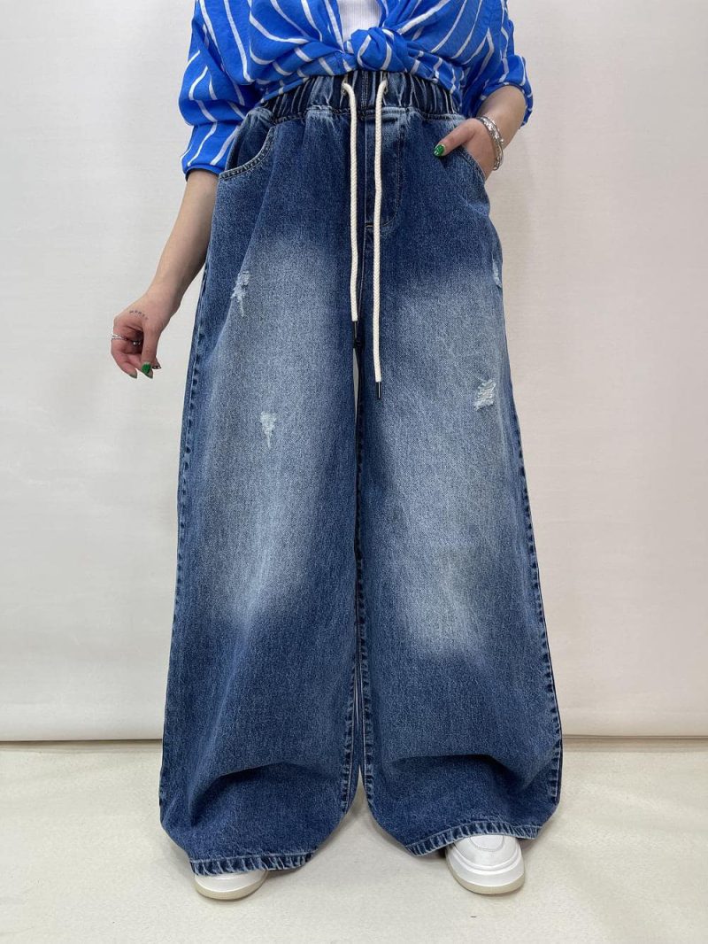 شلوار جین زنانه سوپر بگ کمر کش آبی تیره