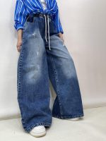 شلوار جین زنانه سوپر بگ کمر کش آبی تیره