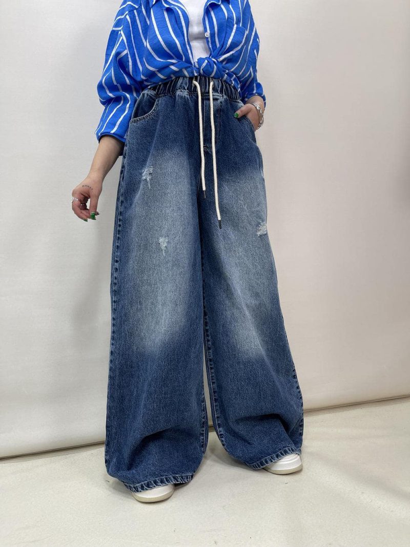 شلوار جین زنانه سوپر بگ کمر کش آبی تیره