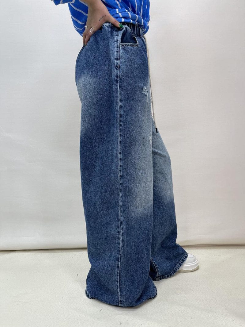 شلوار جین زنانه سوپر بگ کمر کش آبی تیره